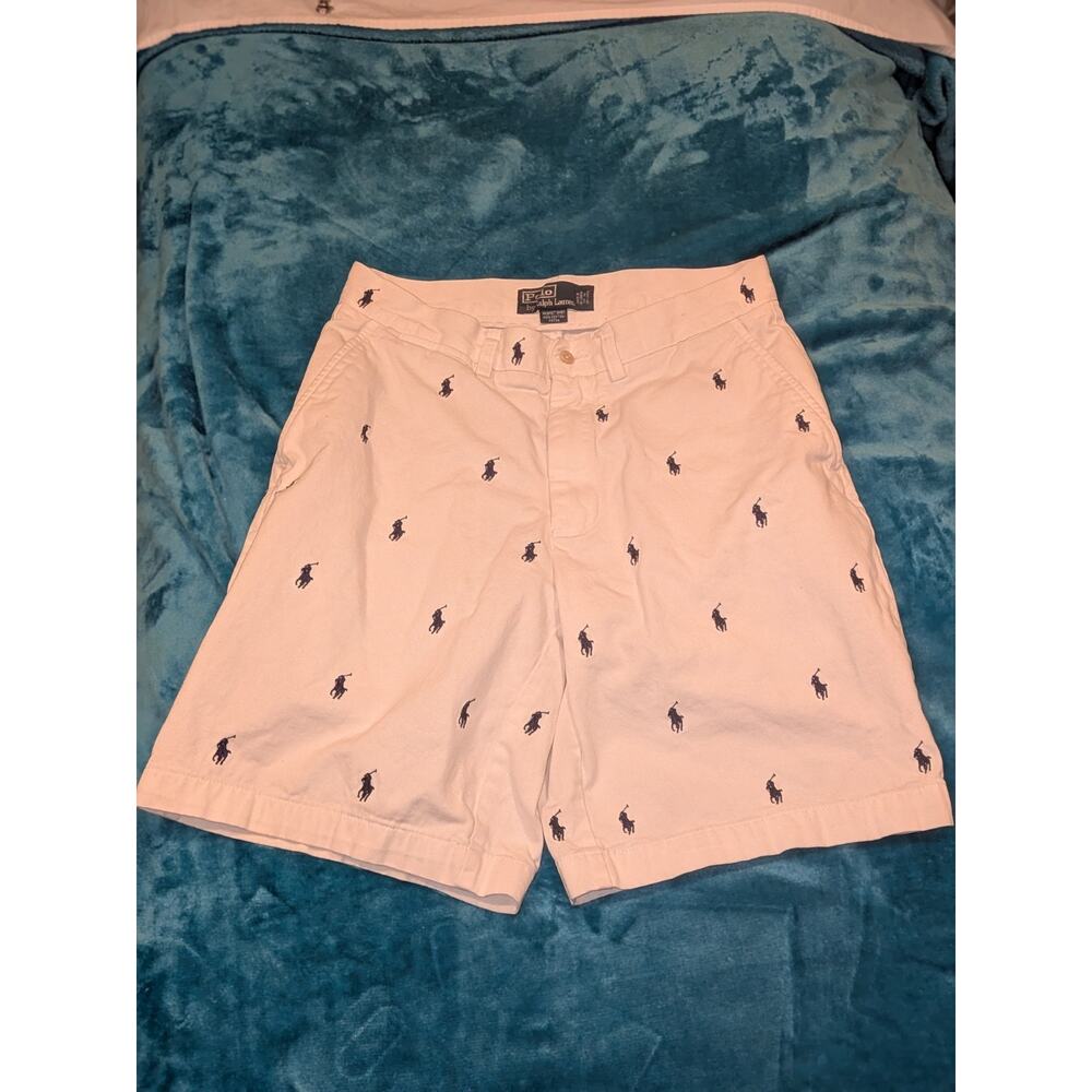 VTG 90s White 100% Cotton Ralph Lauren All Over Pony Logo Shorts Sz 31